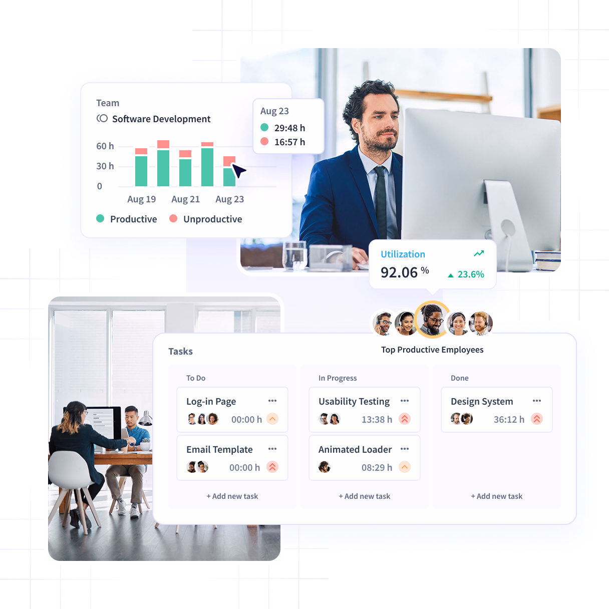 Insightful dashboard showing employee time on projects and tasks