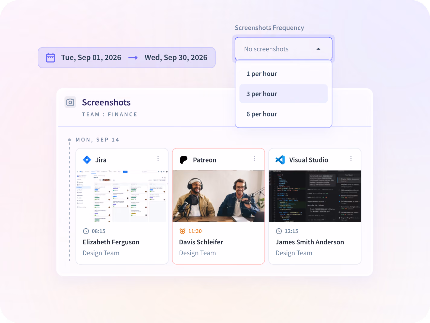 Screenshot timeline for one remote employee, with activity level by hour.