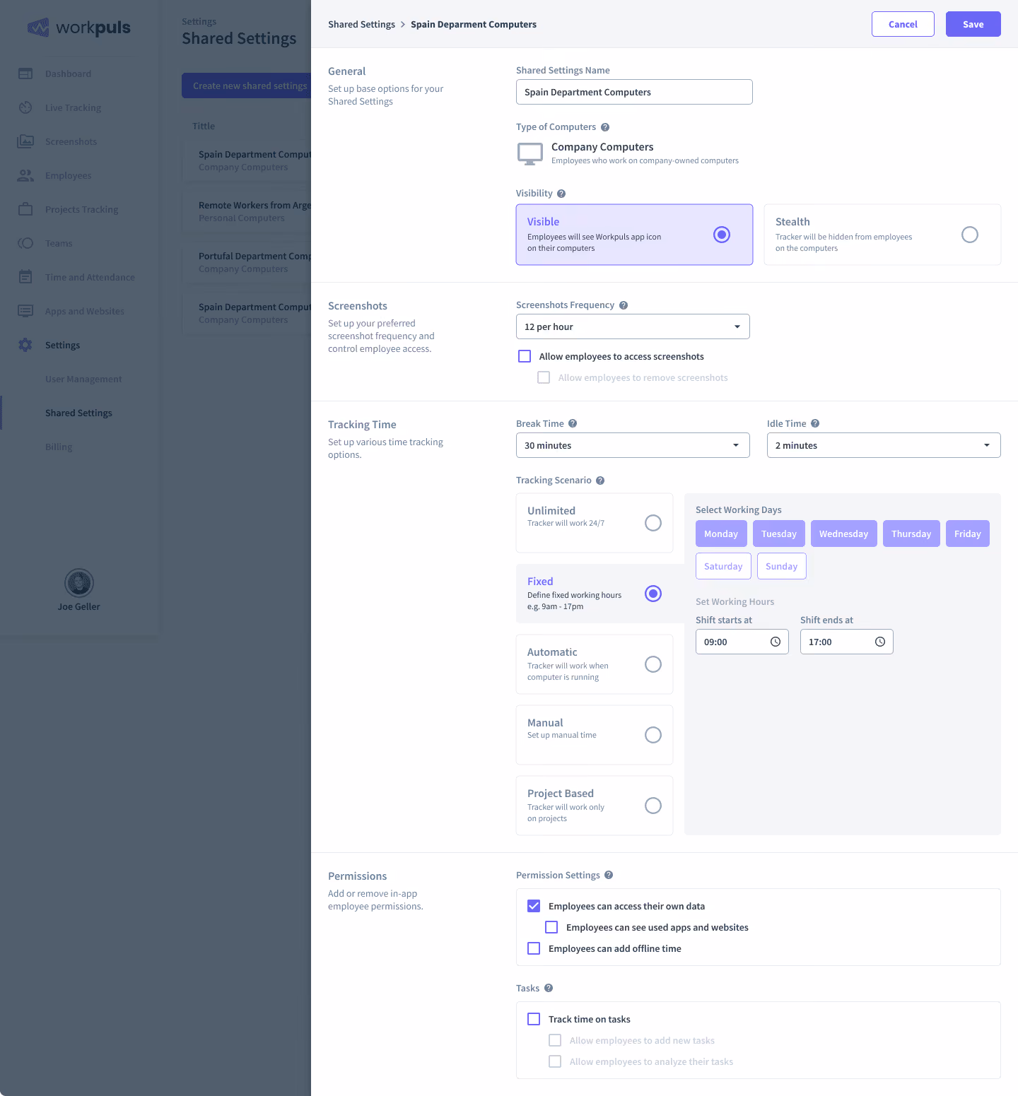 employee monitoring settings page