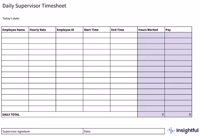 Daily Supervisor Timesheet template