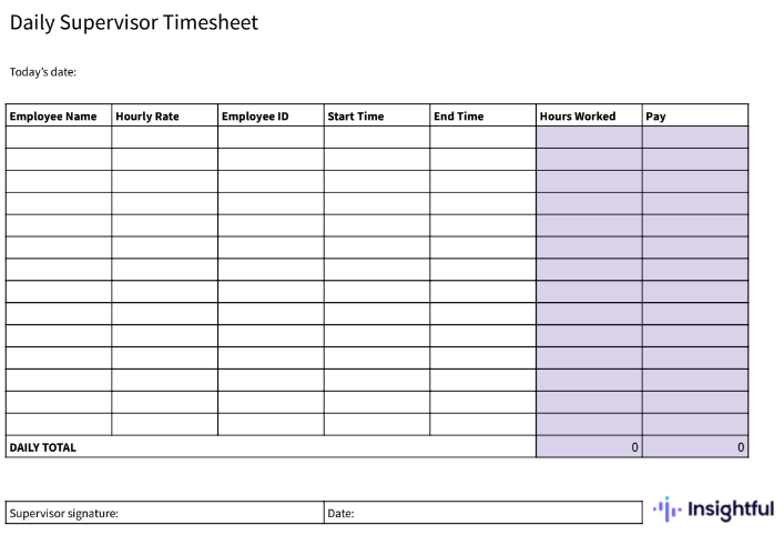 Daily Supervisor Timesheet template