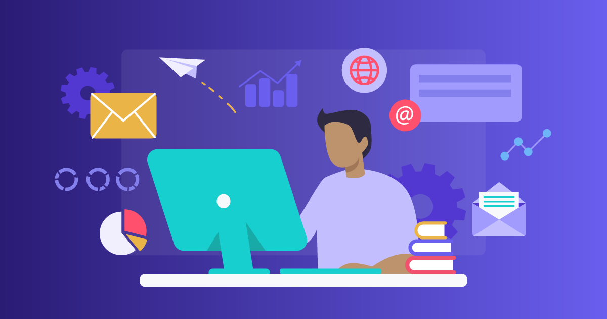 Illustration of a professional using workforce management software surrounded by analytics charts, data metrics, and productivity tool icons.