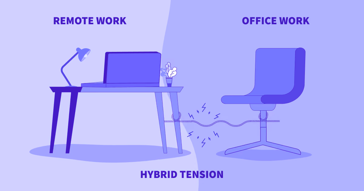 Illustration of remote work desk and office chair linked by rope, symbolizing hybrid work tension