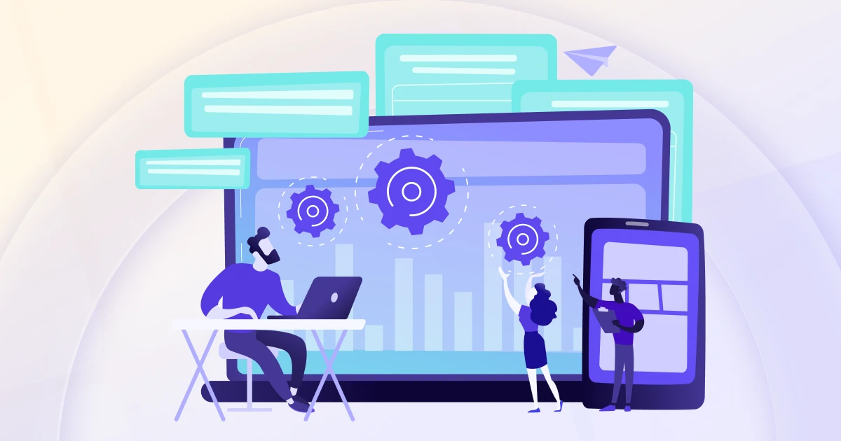 Team working with automation gears and dashboards on a large screen