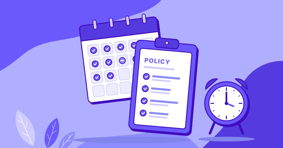 Illustration of an attendance policy clipboard, a calendar of checked-off workdays, and an alarm clock