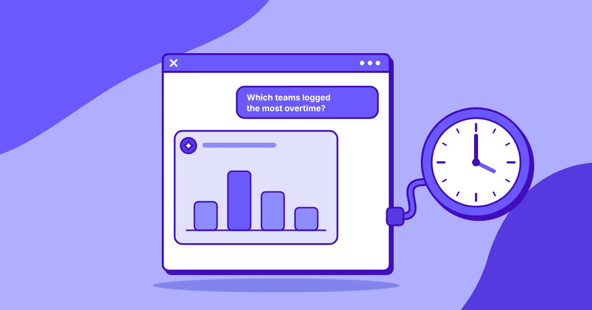 Illustration of an AI chat answering a question about team overtime with a bar chart, connected to a clock