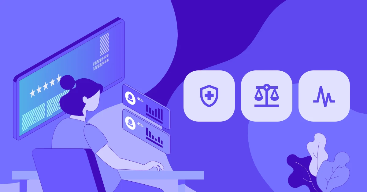 Ilustración de una empleada en su escritorio revisando paneles de productividad del equipo, junto a íconos de bienestar, equilibrio y rendimiento constante